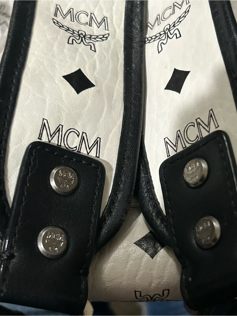Authentic MCM Stark Backpack White Blue Visetos Size Medium Side Studs Unisex - Picture 9 of 14